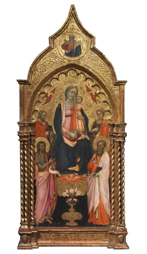 Rosello di Jacopo Franchi (Florence, c.1376-1456) The Virgin and Child in Glory between Saint Paul, Saint John the Baptist, Saint Bartholomew the Apostle and Saint Catherine of Alexandria Tempera on panel 138 x 62 cm, painted surface: 92 x 44 cm 