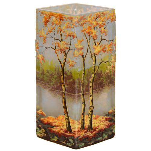 Daum Nancy French cameo art glass vase, 4.75 inches tall, signed, with gorgeous colors and a fall season decor, one of many Daum Nancy pieces in the auction.