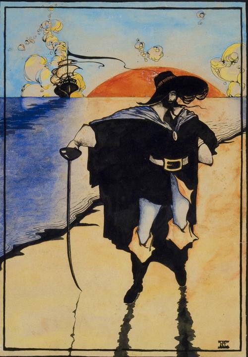 "The Pirate" by Howard Pyle, watercolor and ink, 13 x 9 in.  sight (33.0 x 22.9 cm sight) a feature of the Barridoff auction