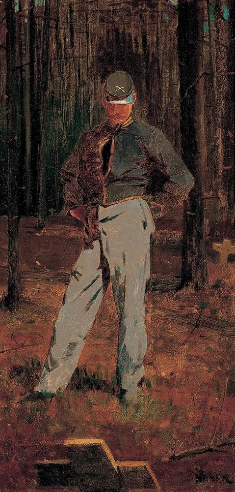 Winslow Homer (American, 1836–1910), Trooper Meditating Beside a Grave, ca.  1865, oil on canvas, Gift of Dr.  Harold Gifford and Ann Gifford Forbes, 1960.298