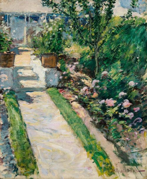 John Henry Twachtman (American, 1853-1902), In the Garden, ca.  1895-99.  Oil on canvas.  30 x 25 inches.  Private collection.  Featured at Greenwich Historical Society exhibition.  