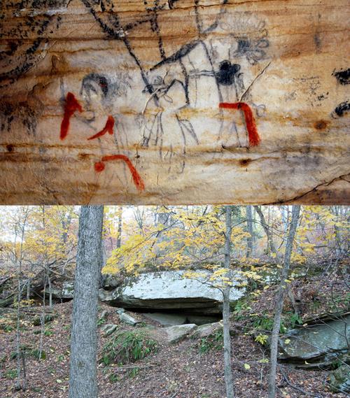 One of 290+ prehistoric glyphs on the cave walls of Picture Cave.  This example shows Anthropomorphs with red sashes and accents and a Cave entrance.