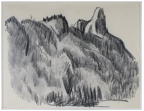 Crayon on paper by Marsden Hartley (American, 1877-1943), titled Mountains (circa 1930).