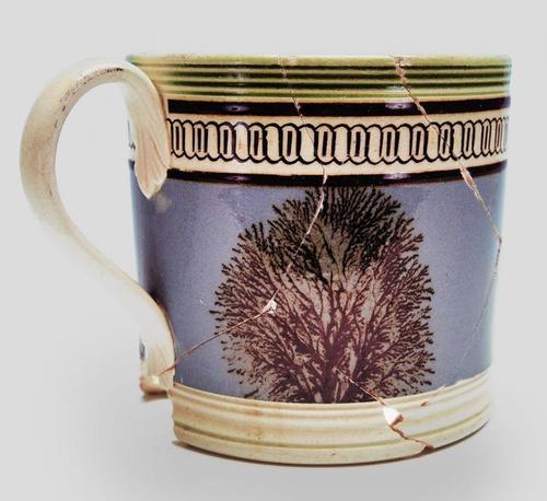 Part of the loan exhibition is a mochaware mug, probably Staffordshire, England, c.  1800.  Excavated at the Constitution Center Site, Philadelphia.  INHP, no.  F.5 