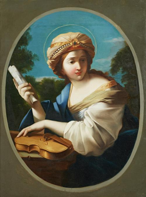 19th century unsigned oil on canvas painting after the Portuguese Neoclassical artist Francisco Viera Portuense (1765-1805), titled Music's Allegory (est.  $1,500-$2,500).