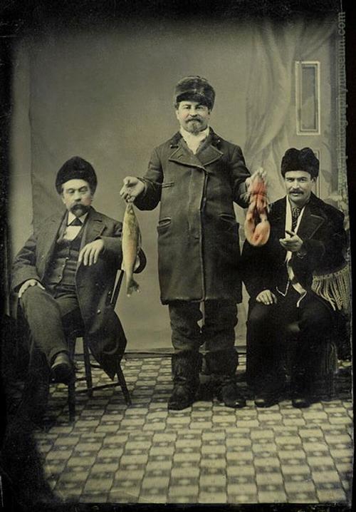 Photo courtesy: Unidentified photographer, Three Men with Fish and Lobster, tintype, ca.  1890.  [Wm.  B.  Becker Collection/PhotographyMuseum.com] 