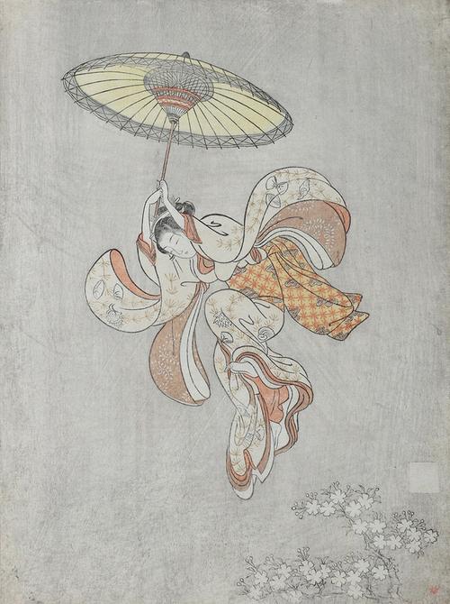 Suzuki Harunobu (1724−1770), Beauty Leaping Off the Balcony of Kiyomizu Temple.  Color woodblock print.  Courtesy Sebastian Izzard LLC Asian Art.  