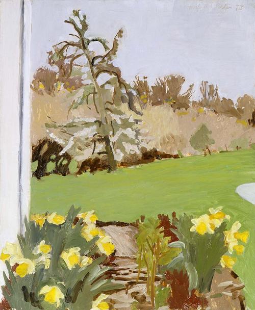 Fairfield Porter (1907-1975), “Daffodils and Pear Tree,” 1973, oil on Masonite, 22 1/2" x 18 1/2", signed