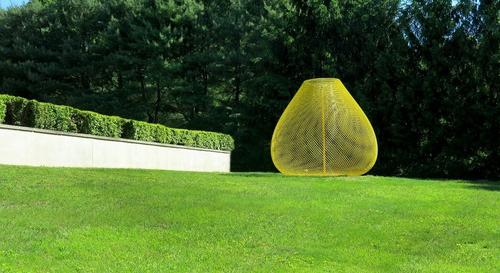 John Ruppert, Yellow Orb/Homage to Van Gogh, 2014, Stainless steel and powder-coated chain link, 10’ 2” x 9’ diameter, Courtesy of the artist, Photograph by Margaret Moulton.  