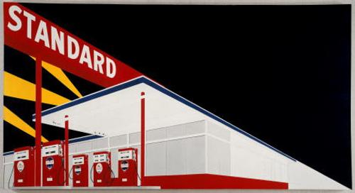 Part of the Getty's exhibition is "Standard Station, Amarillo Texas, 1963" by Ed Ruscha (American, b.  1937).  Oil on canvas.  Hood Museum of Art, Dartmouth College, Hanover, New Hampshire; gift of James Meeker, Class of 1958, in memory of Lee English, Class of 1958, scholar, poet, athlete and friend to all.  © Ed Ruscha