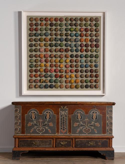 Laurene Krasny Brown A Democracy of Domes, 2020 40 x 40 x 1.5 in.  above an 18th century Pennsylvania dower chest in original paint