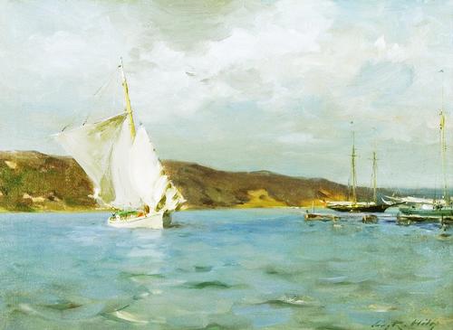 Irving Ramsey Wiles, "White Sloop, Peconic Bay", 1907, Oil on canvas, 21 x 28 inches, Signed