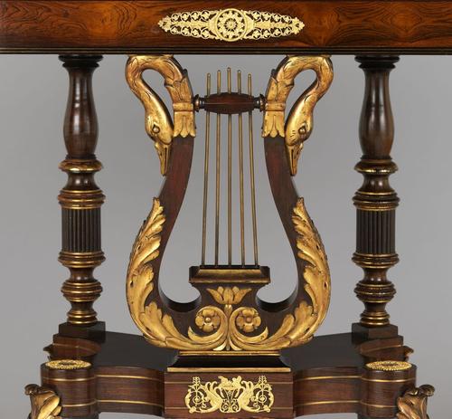 Attributed to Duncan Phyfe, Card Table, ca.  1820.  Rosewood and satinwood veneers, mahogany, gilded gesso and vert antique, gilded brass; secondary woods: yellow poplar, white pine.  29 x 36 x 17–3/8 in.  The Brant Foundation, Inc., Greenwich, Connecticut.