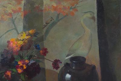 Maurice Compris (1885-1939) Still Life with Flowers, Fruit and Decorative Screen.  Oil on canvas, 48 1/4 x 40 inches.  Frame size: 53 1/2 x 45 3/8 inches Signed lower right: M.  Compris 