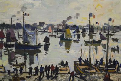 Bernard Lamotte (1903-1983) Figures and Boats in the Harbor.  Oil on canvas board 26 3/4 x 34 1/8 inches.  Signed lower right: Bernard Lamotte 