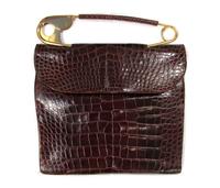 Koret's WWII era “Safety First” bespoke brown Alligator purse with large brass safety pin handle.  14” inches tall