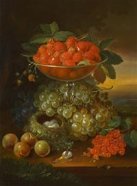 George Forster, Still Life with Fruit and Nest, 1869.  Oil on panel, 16 ½ × 12 ½ in., Crocker Art Museum, Judith G.  and Steaven K.  Jones Collection.