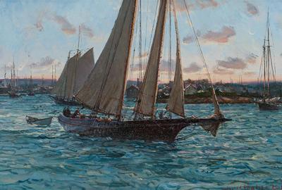 Lot 75: CHRISTOPHER BLOSSOM, American (b.  1956) Ships at Sunrise, oil on masonite, signed lower right "Christopher Blossom," 7 1/2 x 11 1/2 inches.  Estimate $3,000-5,000