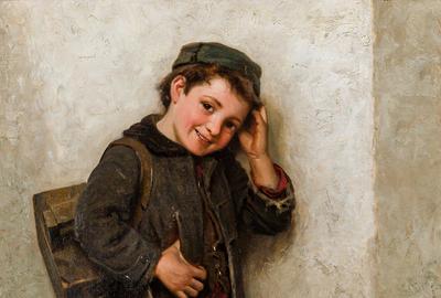 Lot 82: JOHN GEORGE BROWN, American (1831-1913) Shoeshine Boy, oil on canvas, signed and dated lower left "J.  G.  Brown N.A.  1884" 24 x 16 inches.  Estimate $12,000-18,000 