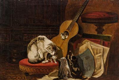 Lot 69: HENRIETTE RONNER-KNIP (Attributed) Dutch (1821-1909) Mother with Kittens, oil on canvas, signed lower left "Henriette Ronner" 25 1/2 x 33 3/4 inches.  Estimate $4,000-6,000