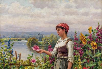 Lot 81: DANIEL RIDGWAY KNIGHT, American (1839-1924) Summer Afternoon, Seine Valley, oil on canvas, signed "Ridgway Knight" and inscribed "Paris" lower right, 32 3/4 x 25 3/4 inches