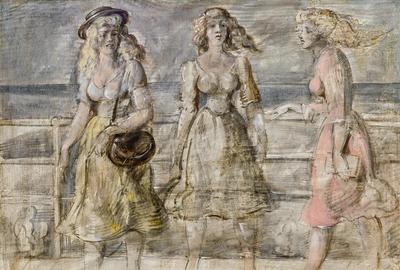 Lot 99: REGINALD MARSH, American (1898-1954) Three Girls on the Boardwalk (a double-sided work) oil on board, signed and dated illegibly lower right "Marsh" 16 1/4 x 20 inches.  Estimate $7,000-10,000