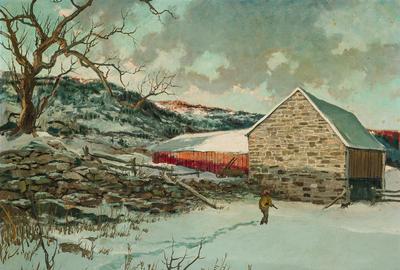 Lot 28: ERIC SLOANE, American (1905-1985) Morning Hunt, oil on masonite, signed lower left "Eric Sloane," 22 x 30 inches.  Estimate $12,000-18,000 