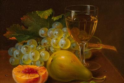 Lot 107: GEORGE FORSTER, American (1817-1896) Still Life with Fruit and Wine Glass, oil on canvas, signed and dated lower right "G.  Forster 1872" 8 x 10 inches.  Estimate $2,000-3,000 